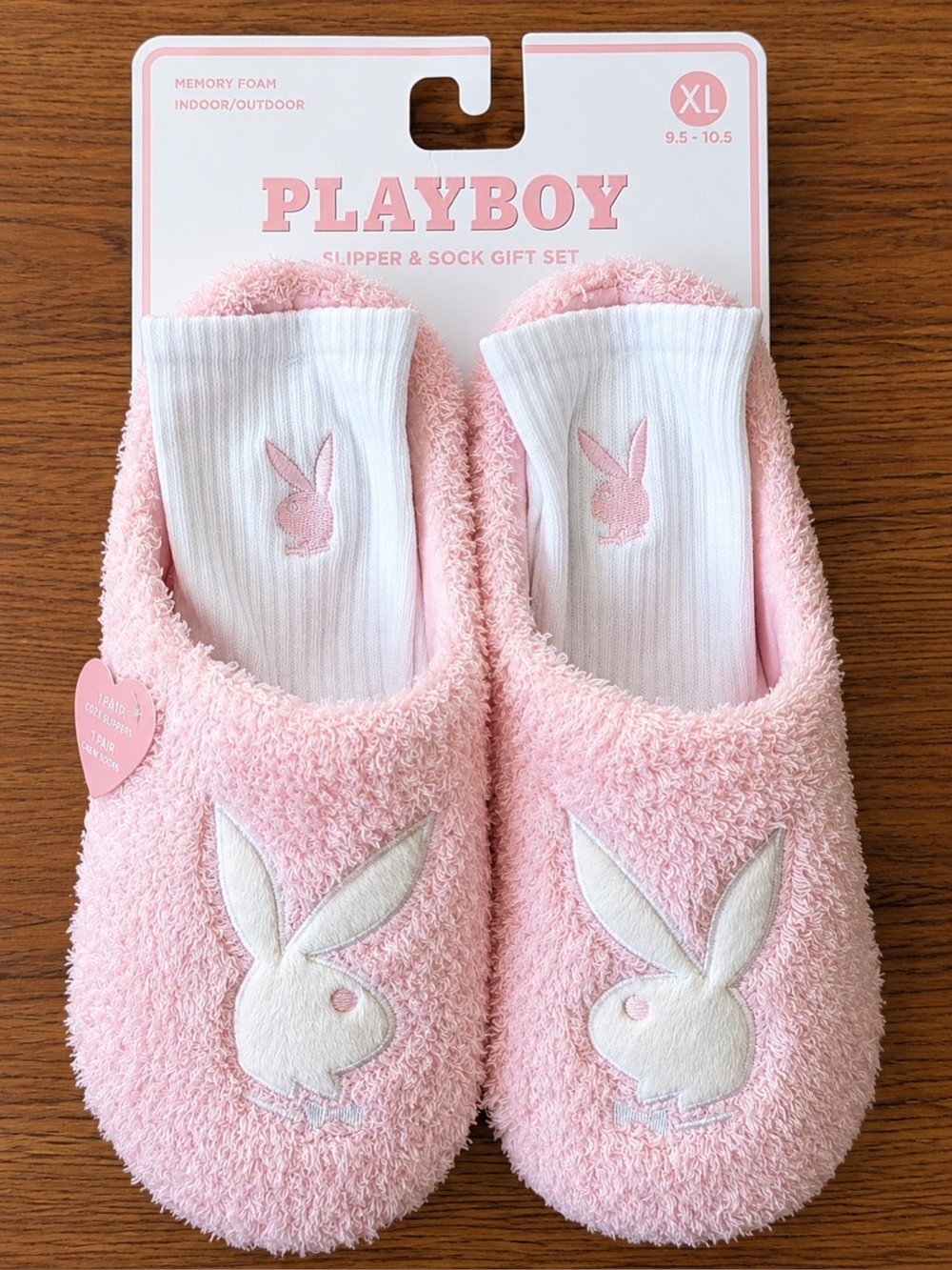 Playboy Pink Bunny Slippers & Crew Socks Set Size XL 9.5-10.5